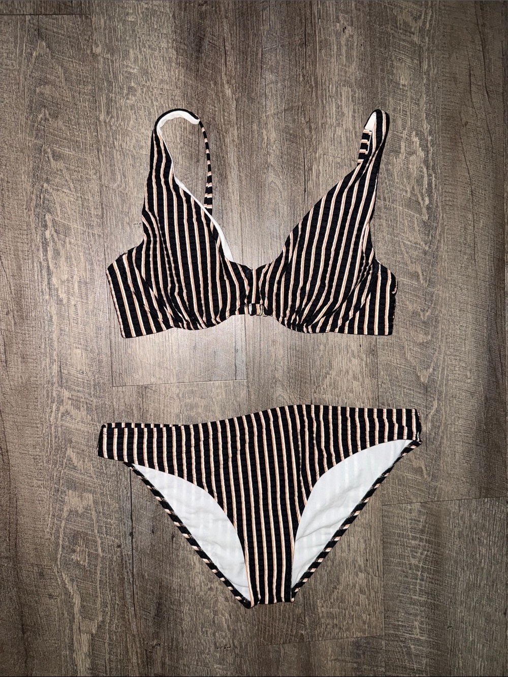 Shade & Shore Black and Beige Striped Bikini Set